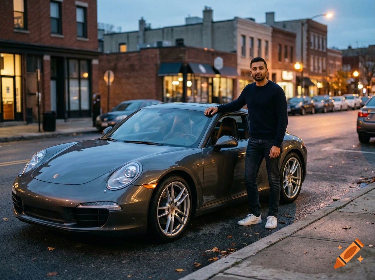 A man posing next to a gray Porsche 911 parked on a city street at dusk, photorealistic.