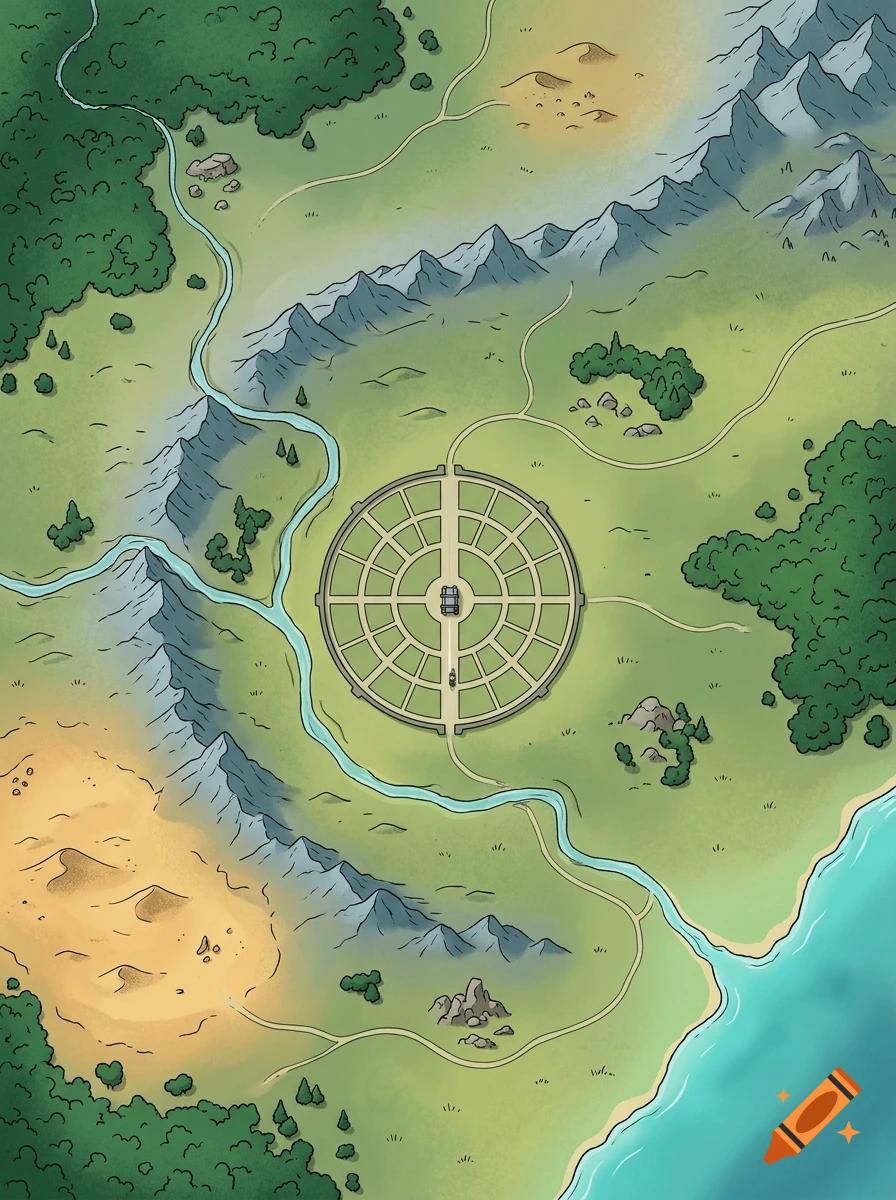 2D fantasy map featuring a circular city, rivers, forests, mountains, and a desert in illustrated style.