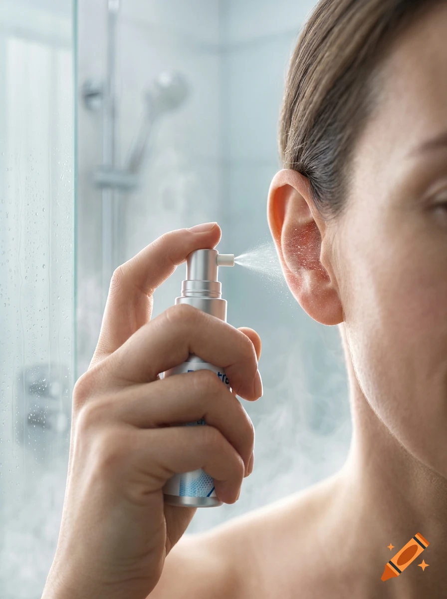 Close-up photorealistic image of a person spraying ear drops into their ear in a shower setting.