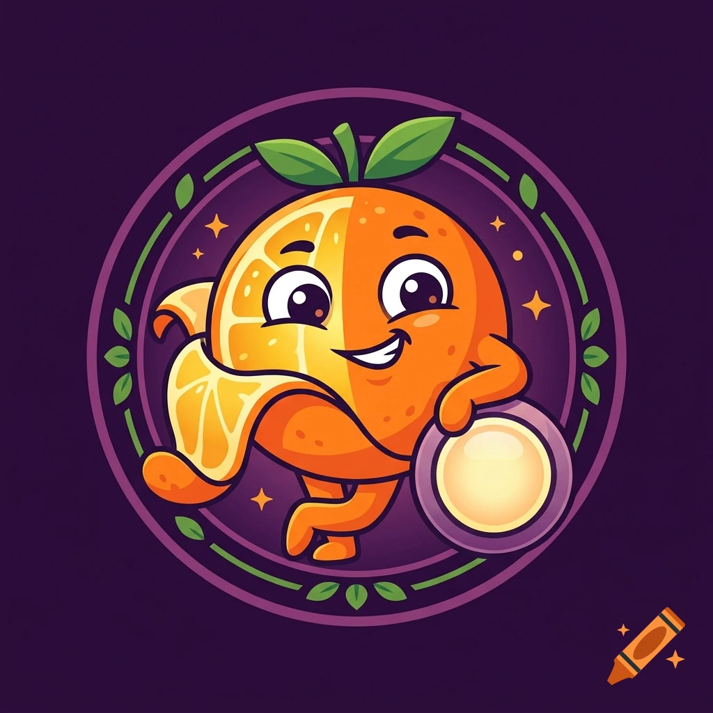 Vector illustration of a cheerful, partially peeled orange character in a purple circular emblem.