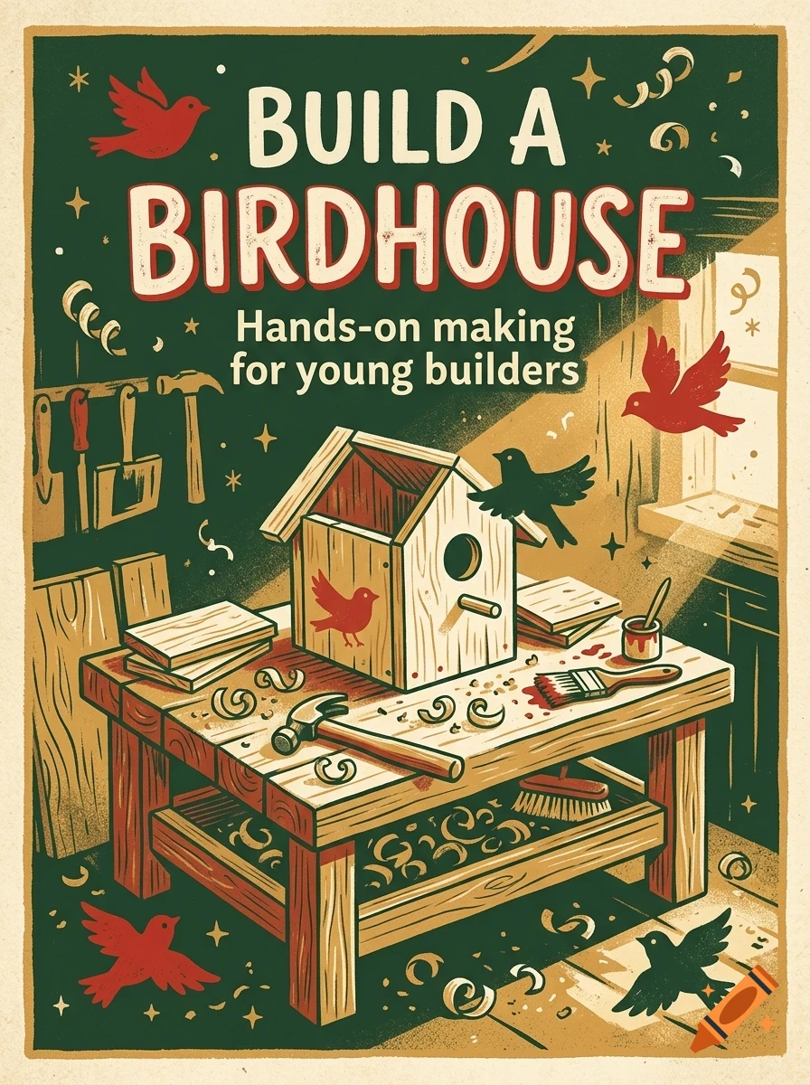 An illustrated poster depicting a workbench with a wooden birdhouse, tools, and birds, with the text 'BUILD A BIRDHOUSE Hands-on making for young builders'.