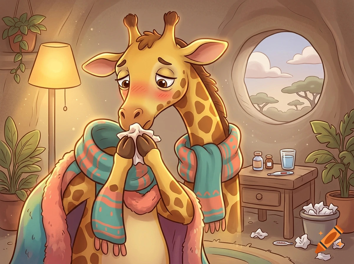 Digital cartoon illustration of a sick giraffe wearing a scarf, holding a tissue, in a cozy room with a window.