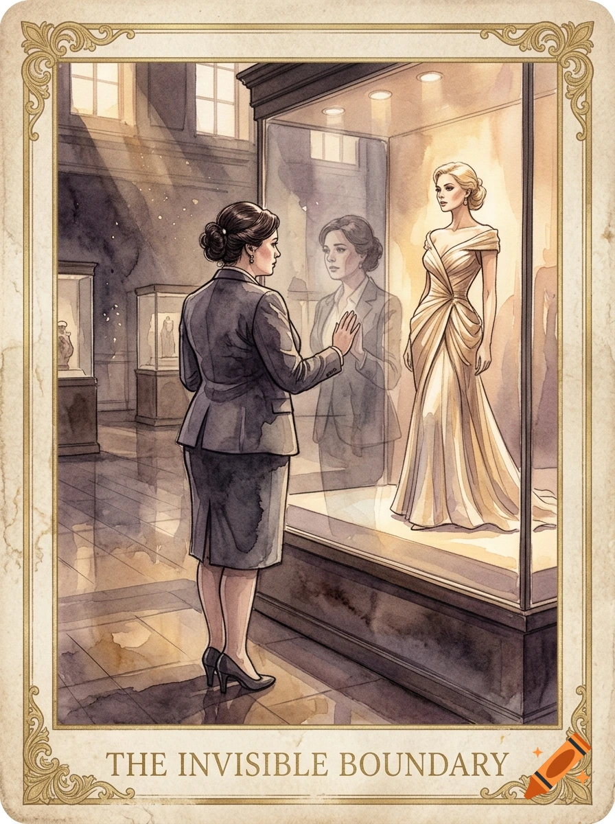 Vintage watercolor oracle card titled 'The Invisible Boundary' showing a lawyer looking at a fashion model in a museum display.