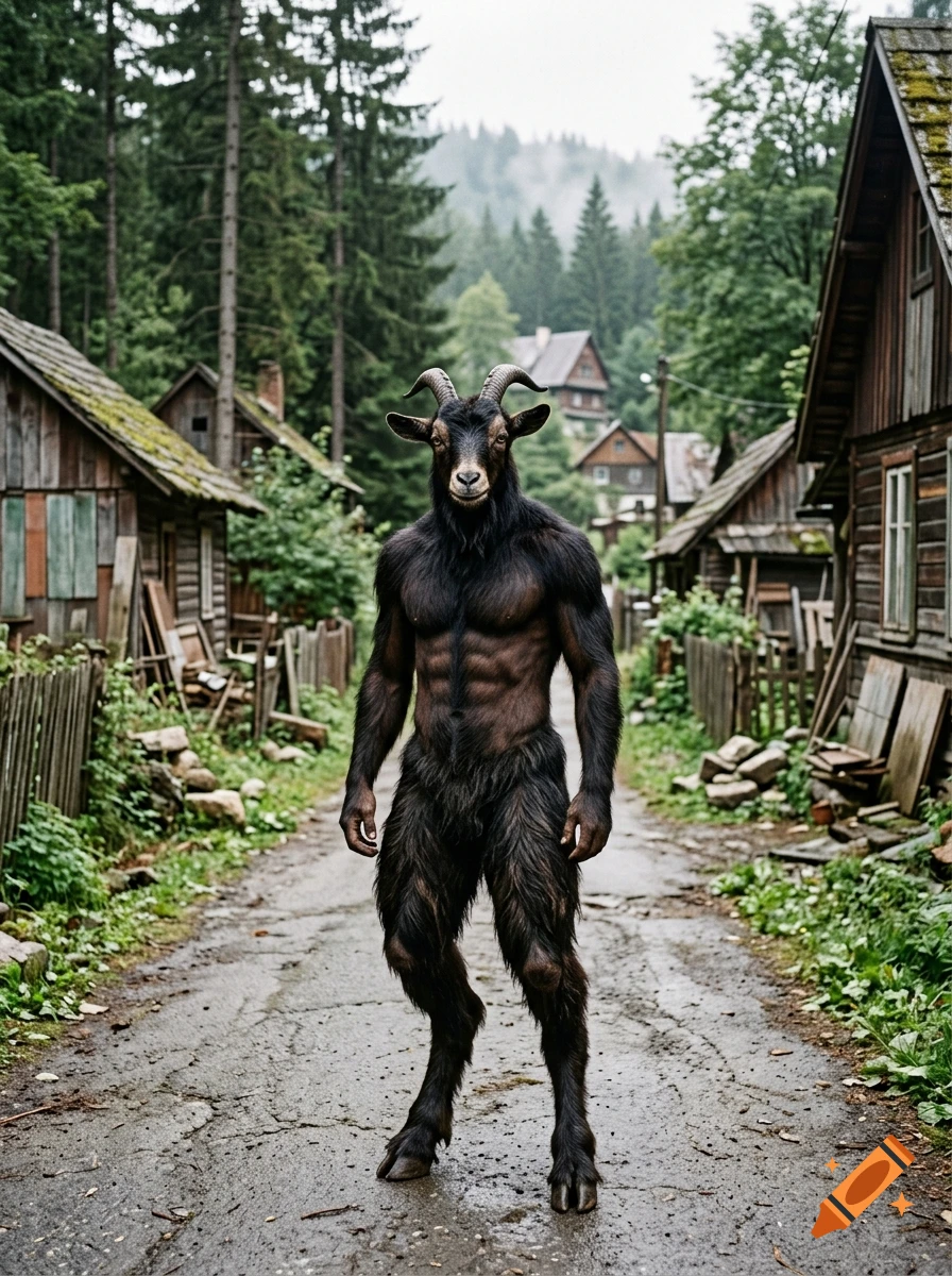 Photorealistic image of a human-like goat creature with black fur standing on a dirt road between wooden houses in a forest.