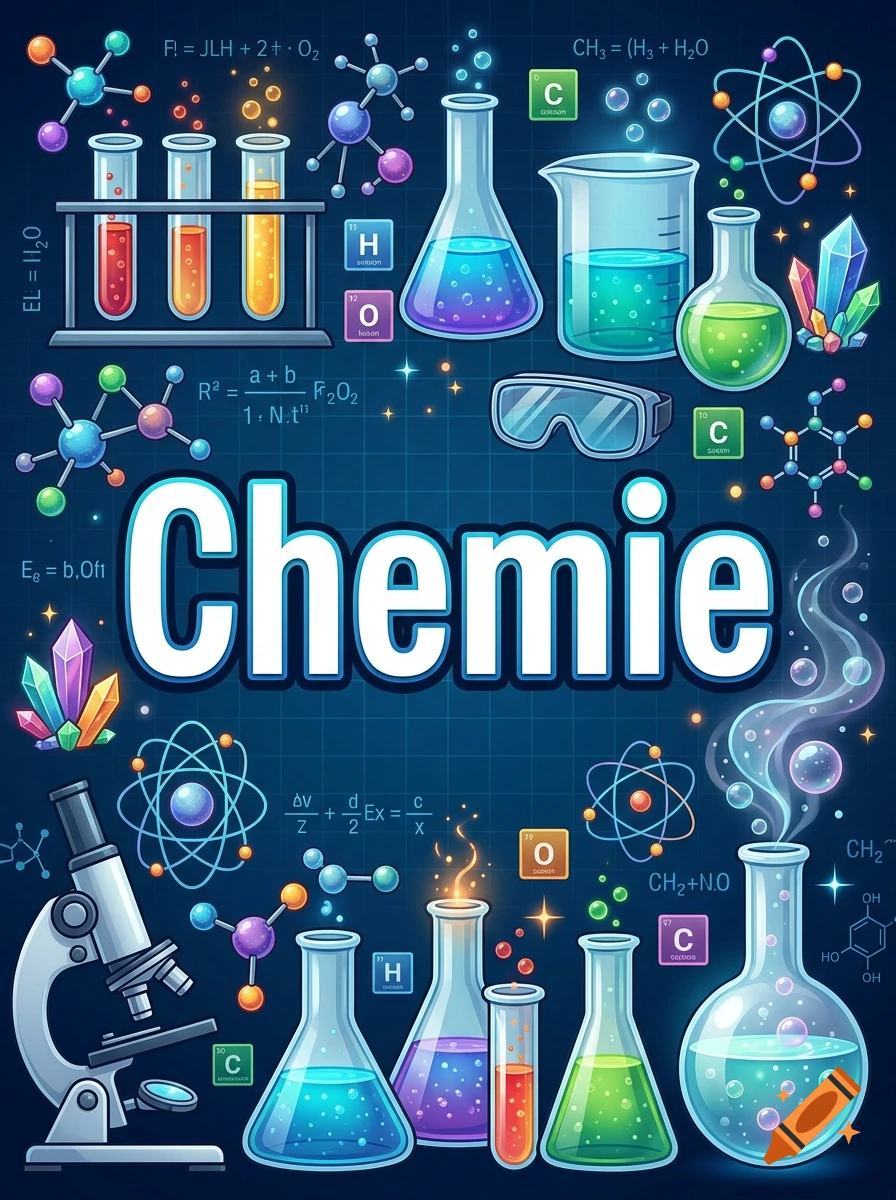 Chemistry-themed cover illustration featuring laboratory glassware, test tubes, atoms, and formulas surrounding the word Chemie.
