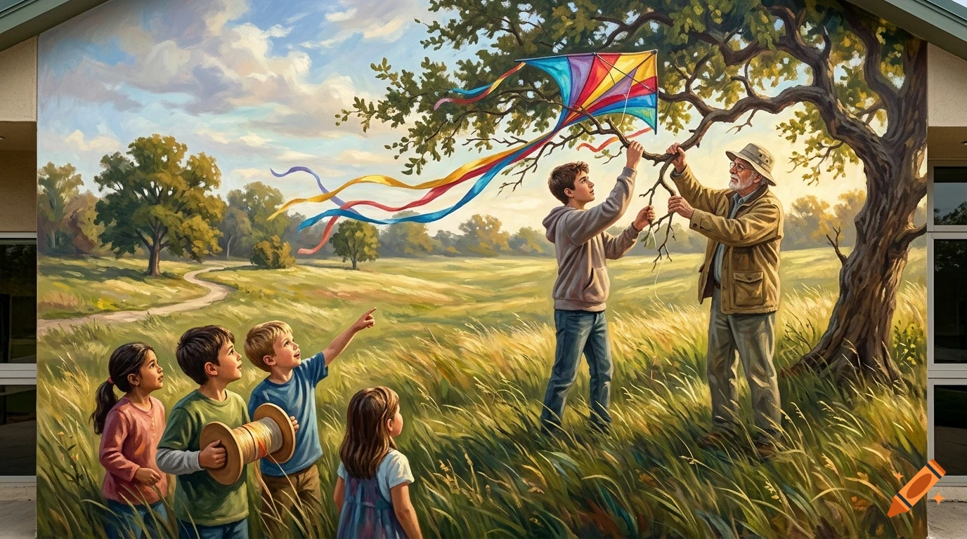 An outdoor mural depicting an older man and a young boy untangling a colorful kite from a tree branch in a field, watched by a group of children.