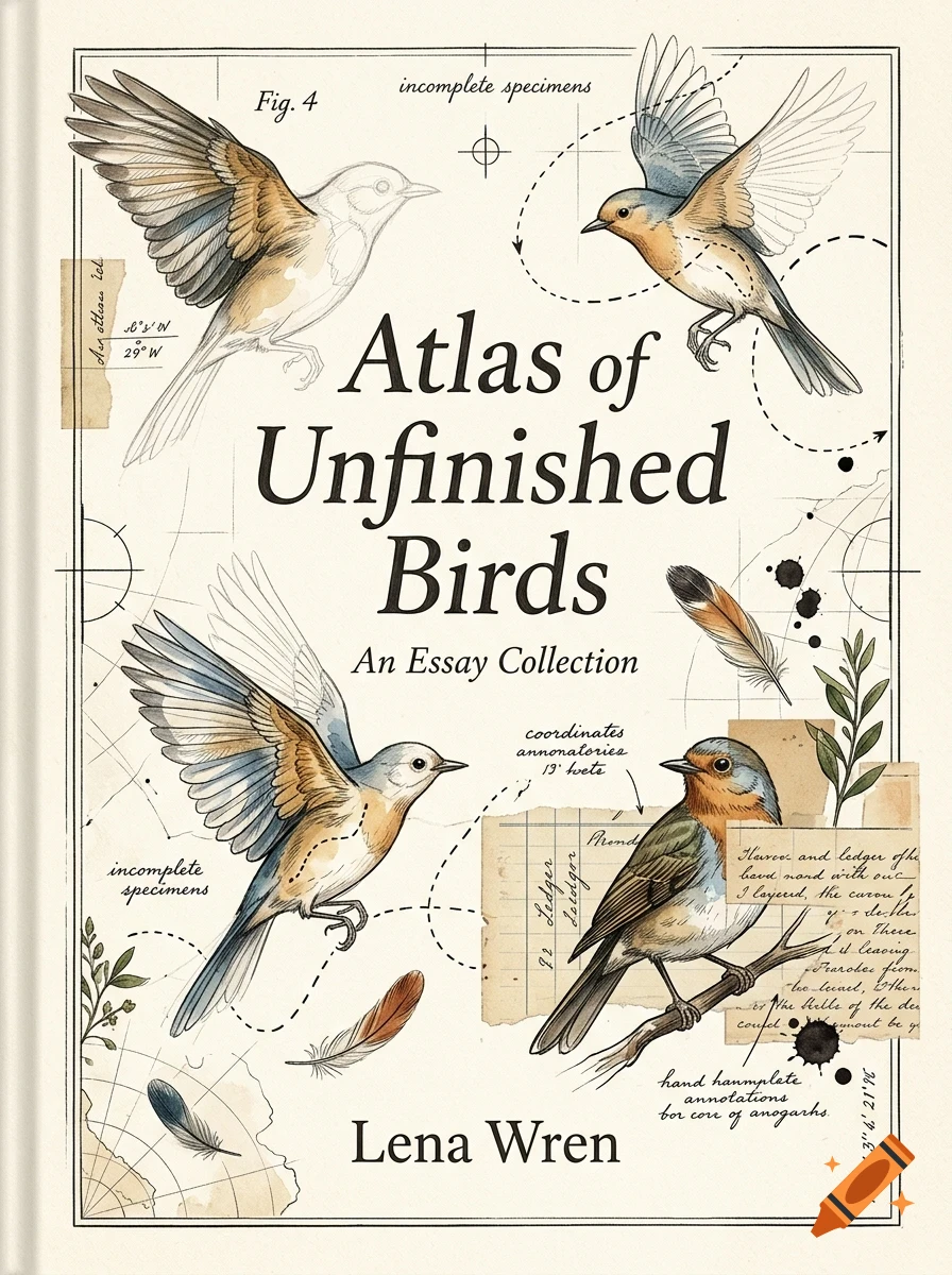 An illustrated book cover titled Atlas of Unfinished Birds by Lena Wren, featuring sketches of birds, feathers, and scientific annotations.