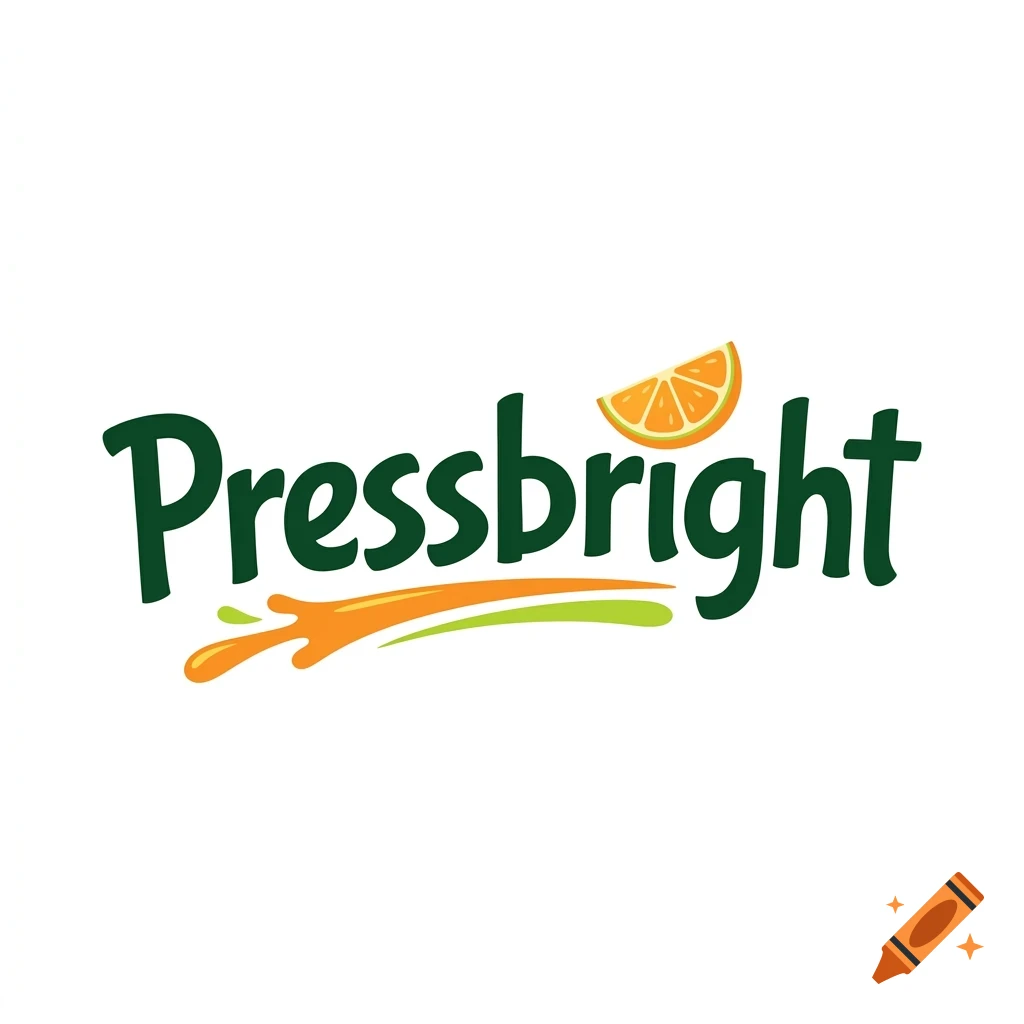 The word Pressbright in green font with an orange slice and juice splash above and below it.