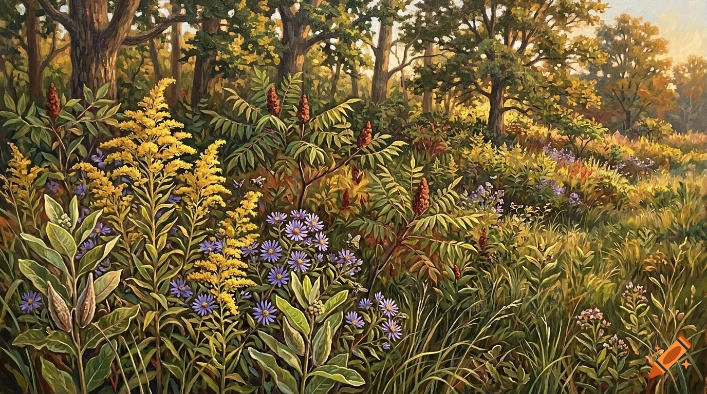 An oil painting of a sunlit forest edge filled with goldenrod, purple asters, and green foliage under trees.