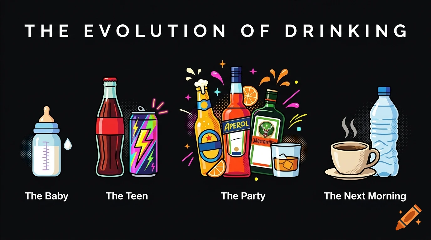 Pop art style illustration showing the evolution of drinking with various bottles, cans, and a coffee cup on a black background.