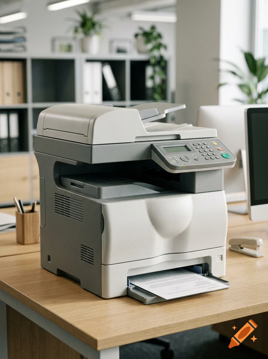 Photorealistic image of a modern multifunction office printer on a wooden desk in a bright office space.