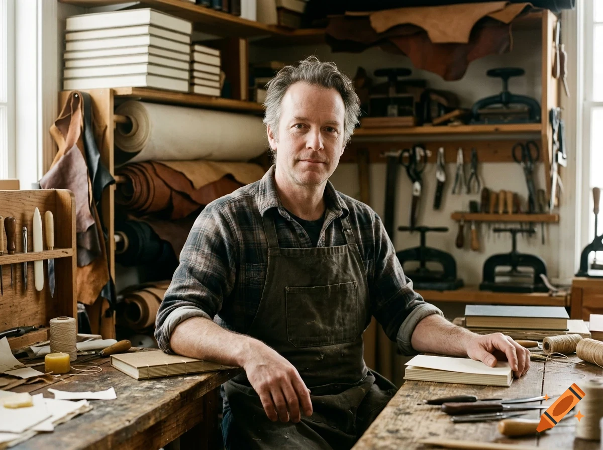 A middle-aged man in a plaid shirt and apron sits in a bookbinding workshop with shelves of books and tools.