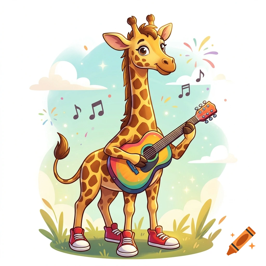 Cartoon illustration of a smiling giraffe wearing red sneakers and playing a colorful guitar, surrounded by musical notes and fireworks.