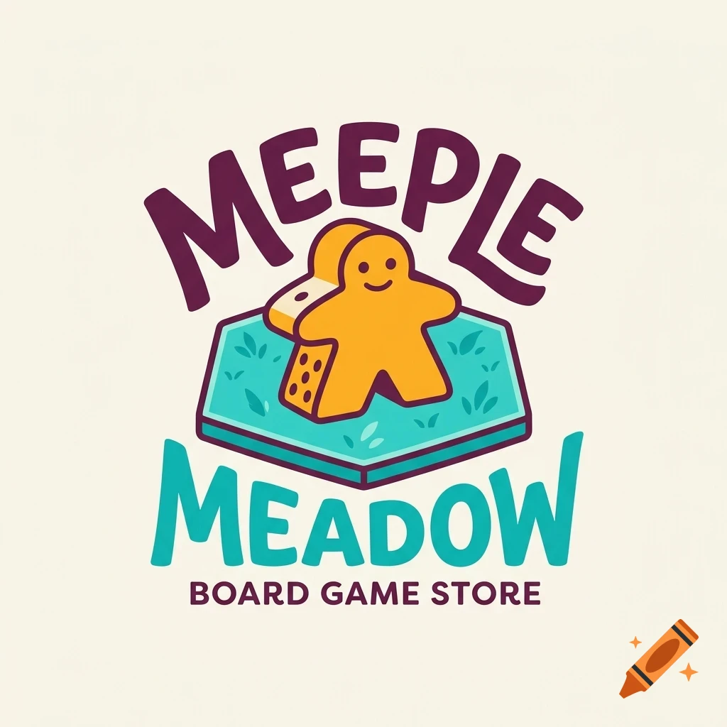 A logo for Meeple Meadow Board Game Store featuring a meeple figurine on a hexagonal tile with the text Meeple Meadow Board Game Store.