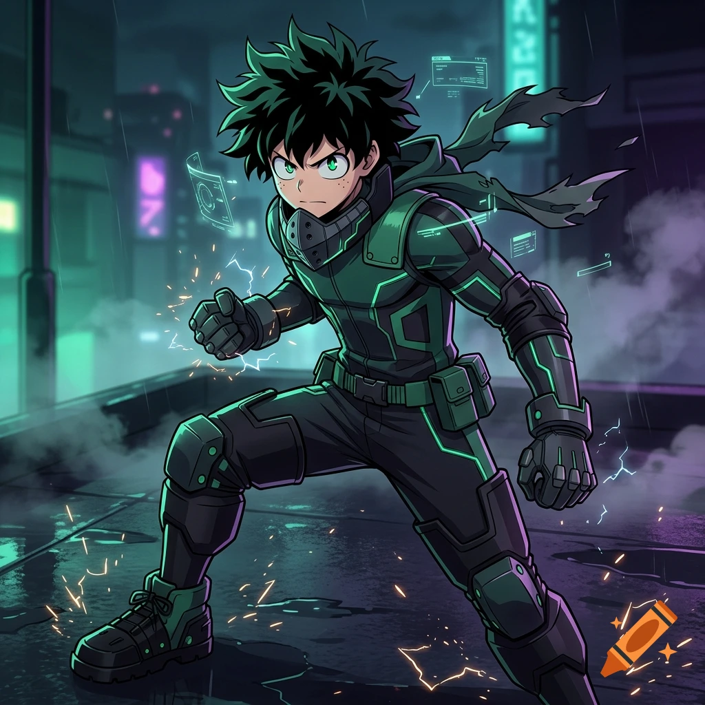 Anime style illustration of a heroic male character in a dark green and black techy stealth suit on a rooftop at night.