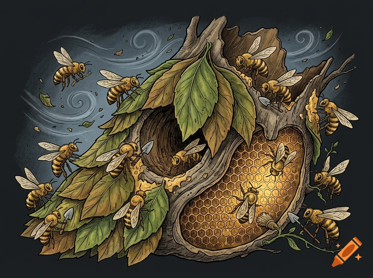Illustration of busy bees working on a hive built into a hollow tree trunk with honeycomb and leaves.