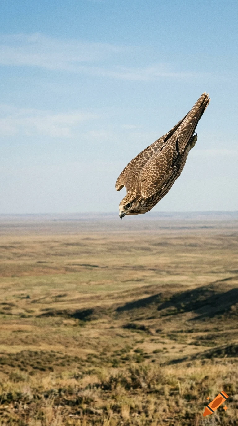 A bird of prey in a swift downward dive over a vast, arid landscape under a clear sky.