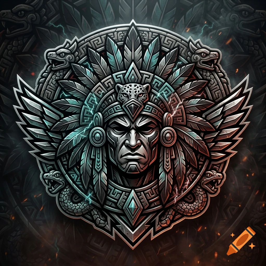 Detailed vector-style logo of an Aztec god with feathered headdress, surrounded by snakes and geometric patterns.
