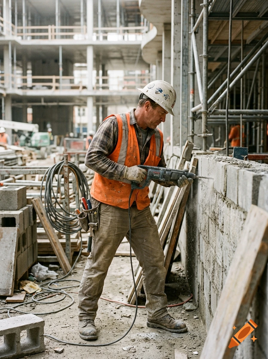 Photorealistic image of a construction worker in an orange vest using a hammer drill on a concrete wall.