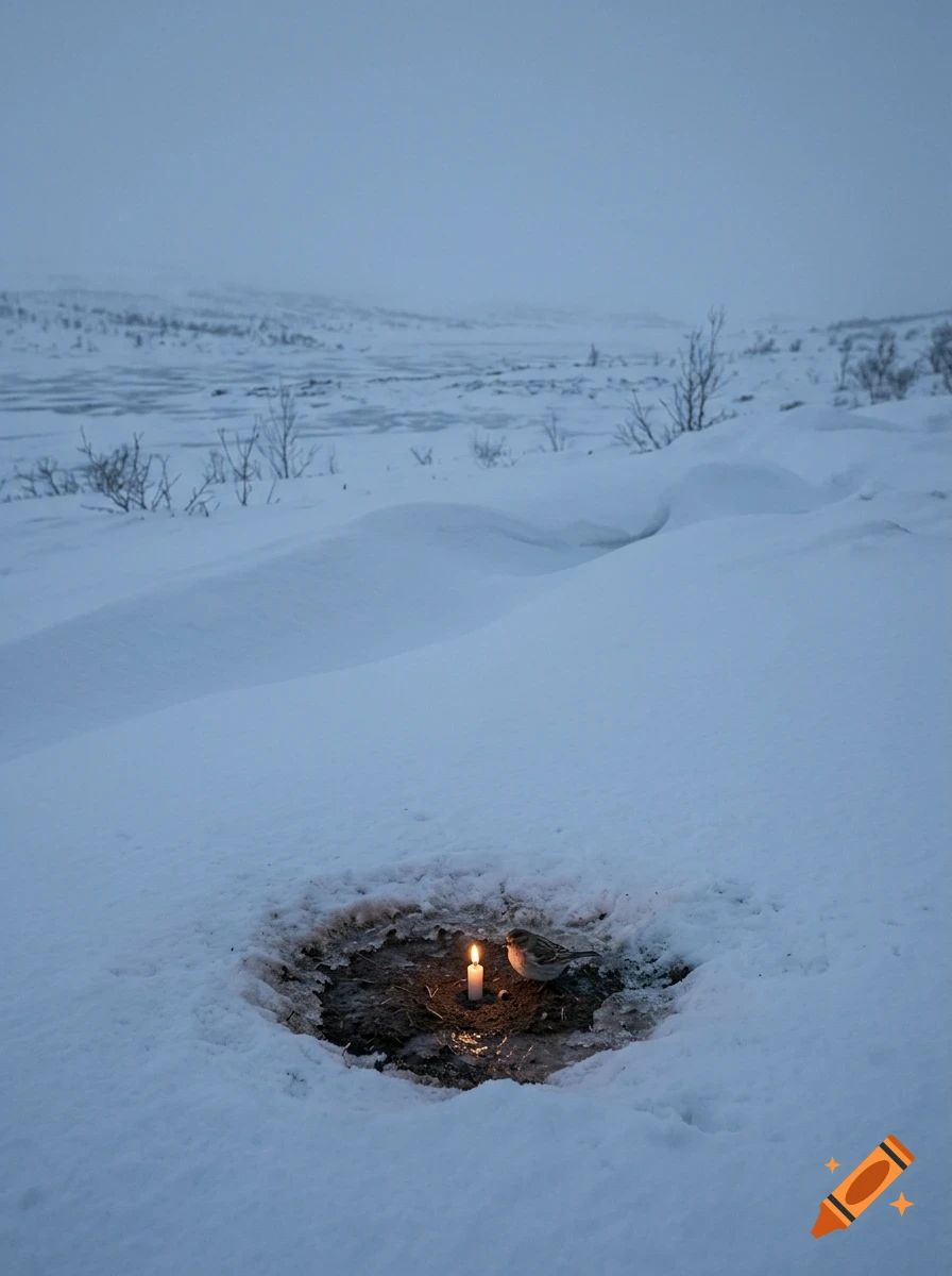 A lit candle and a small bird sit in a melted patch in the snow in a vast snowy landscape.