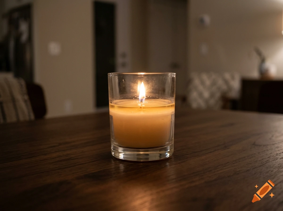A lit candle in a glass jar sitting on a wooden table inside a dimly lit room.