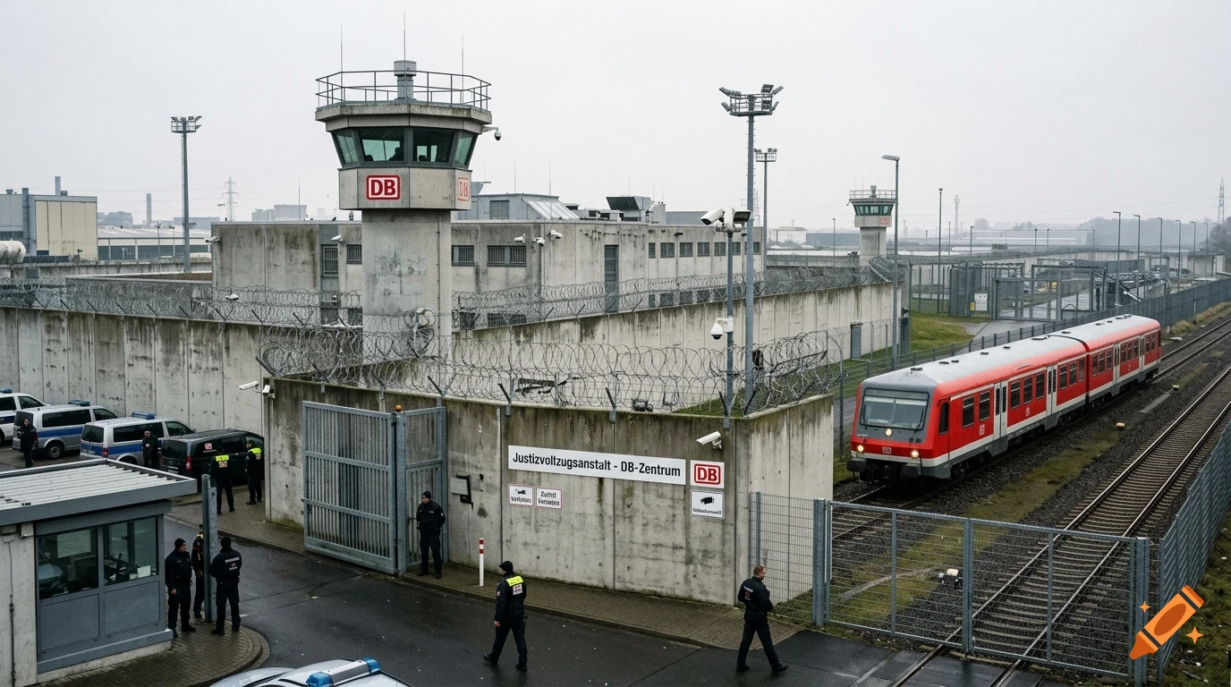 Photorealistic image of a secure prison facility with a guard tower, concrete walls, barbed wire, and a regional train passing by.