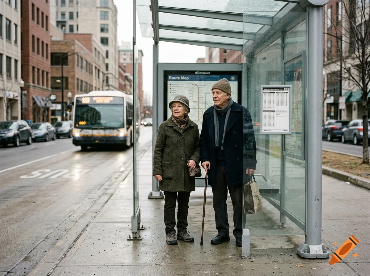An elderly couple waiting at a city bus stop in the rain next to a street with passing vehicles, photorealistic.