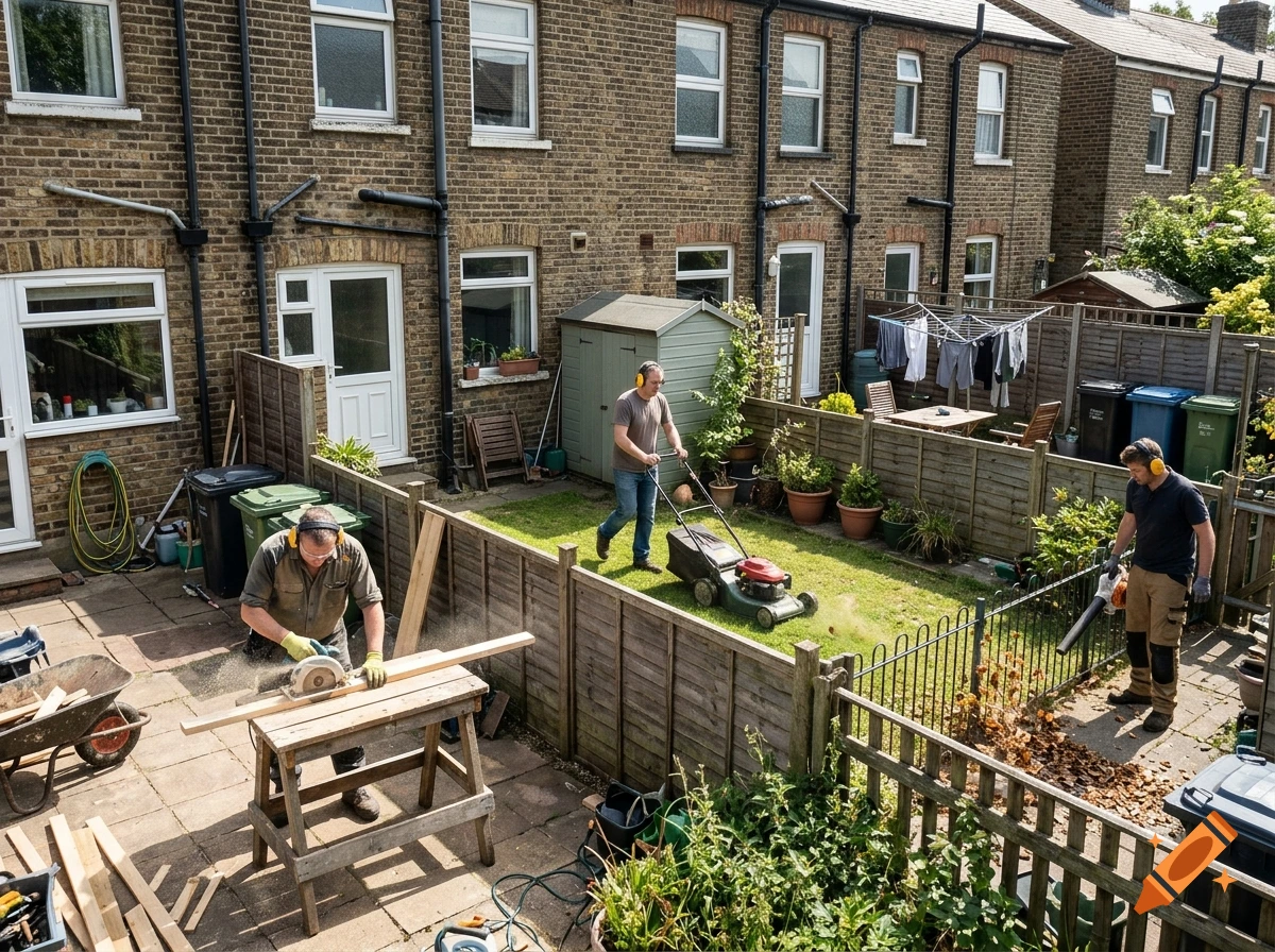 Photorealistic image of three men doing noisy DIY work in terraced house back gardens with a circular saw, lawnmower, and leaf blower.