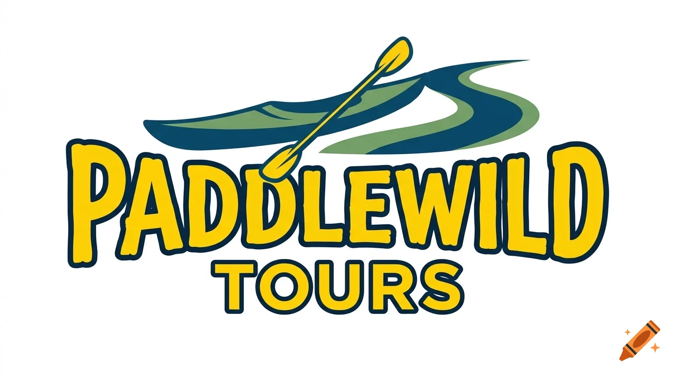 A logo featuring a kayak, paddle, and a river above the yellow text reading PADDLEWILD TOURS.