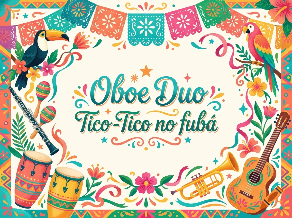 Bright, colorful Latin American themed illustration frame with tropical birds, musical instruments, and festive text saying 'Oboe Duo Tico-Tico no fubá'.