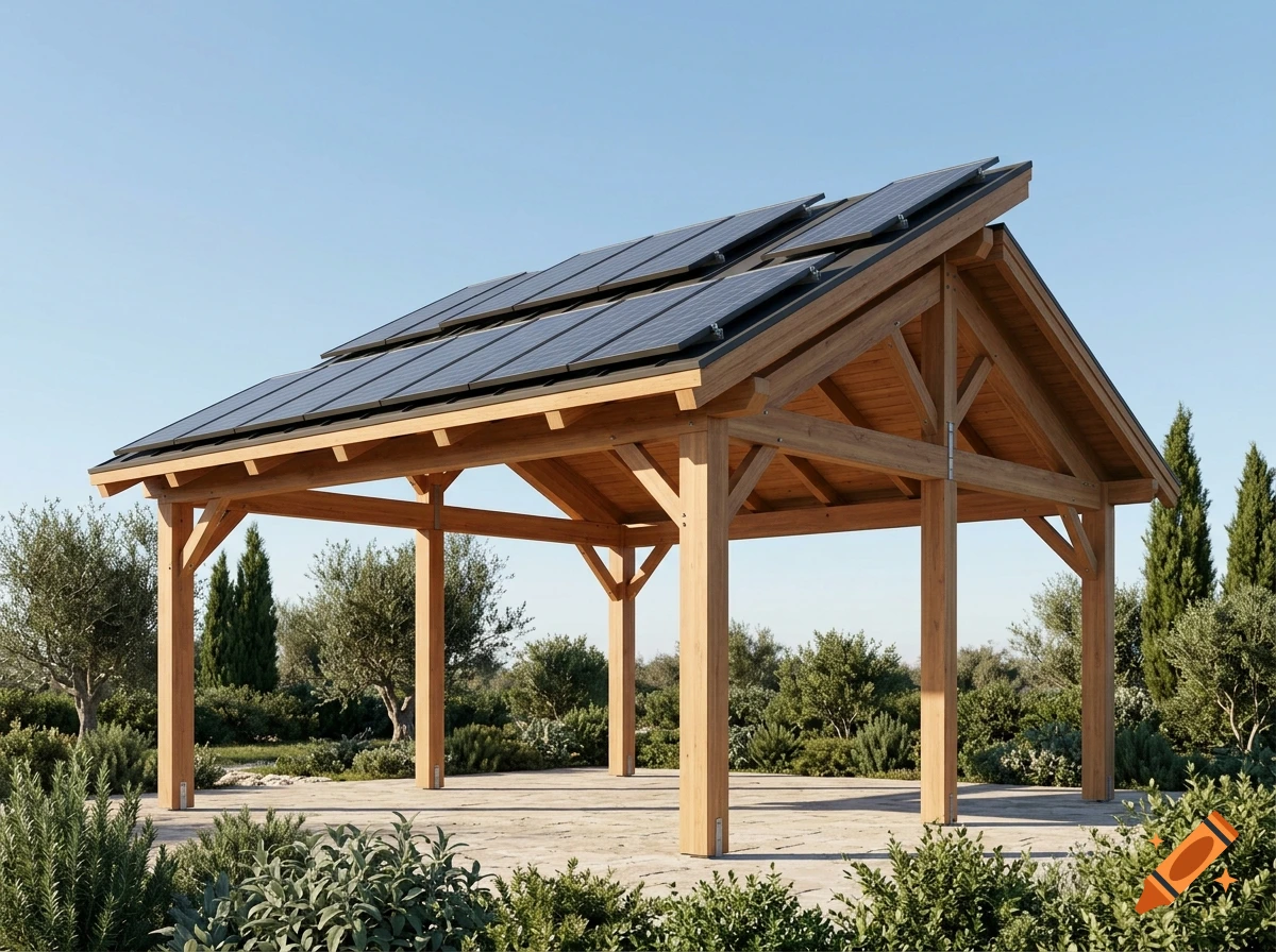 Photorealistic wooden gazebo with stepped roof holding solar panels, set in an olive grove under a clear blue sky.