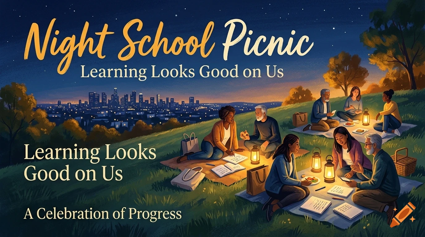 An illustration of people gathered on a grassy hill at night with lanterns, notebooks, and a city skyline in the background, with text reading Night School Picnic.