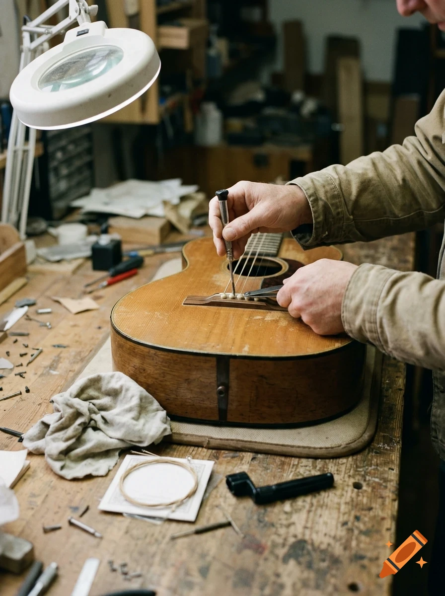 A luthier meticulously repairs and works on an acoustic guitar at a cluttered wooden workbench under a magnifying lamp.