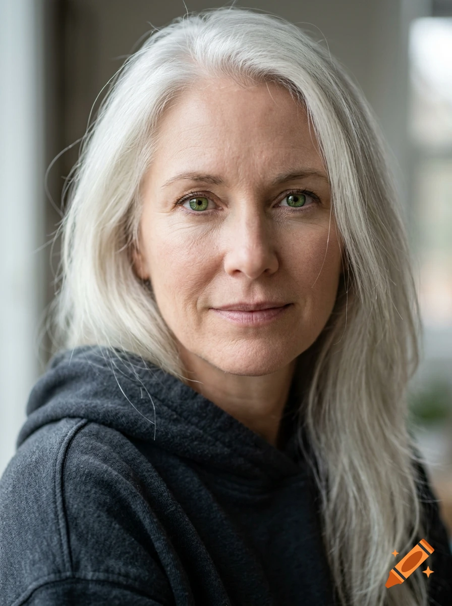 Close-up photorealistic portrait of an older woman with long white hair and striking green eyes, wearing a dark hoodie.