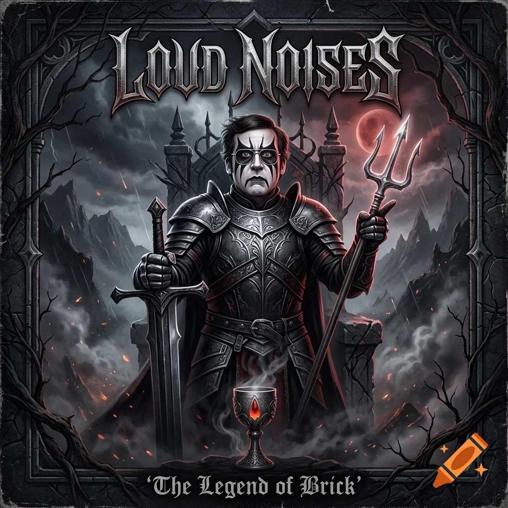 Parody album cover featuring a character in black metal face paint holding a sword and trident, with the text LOUD NOISES.