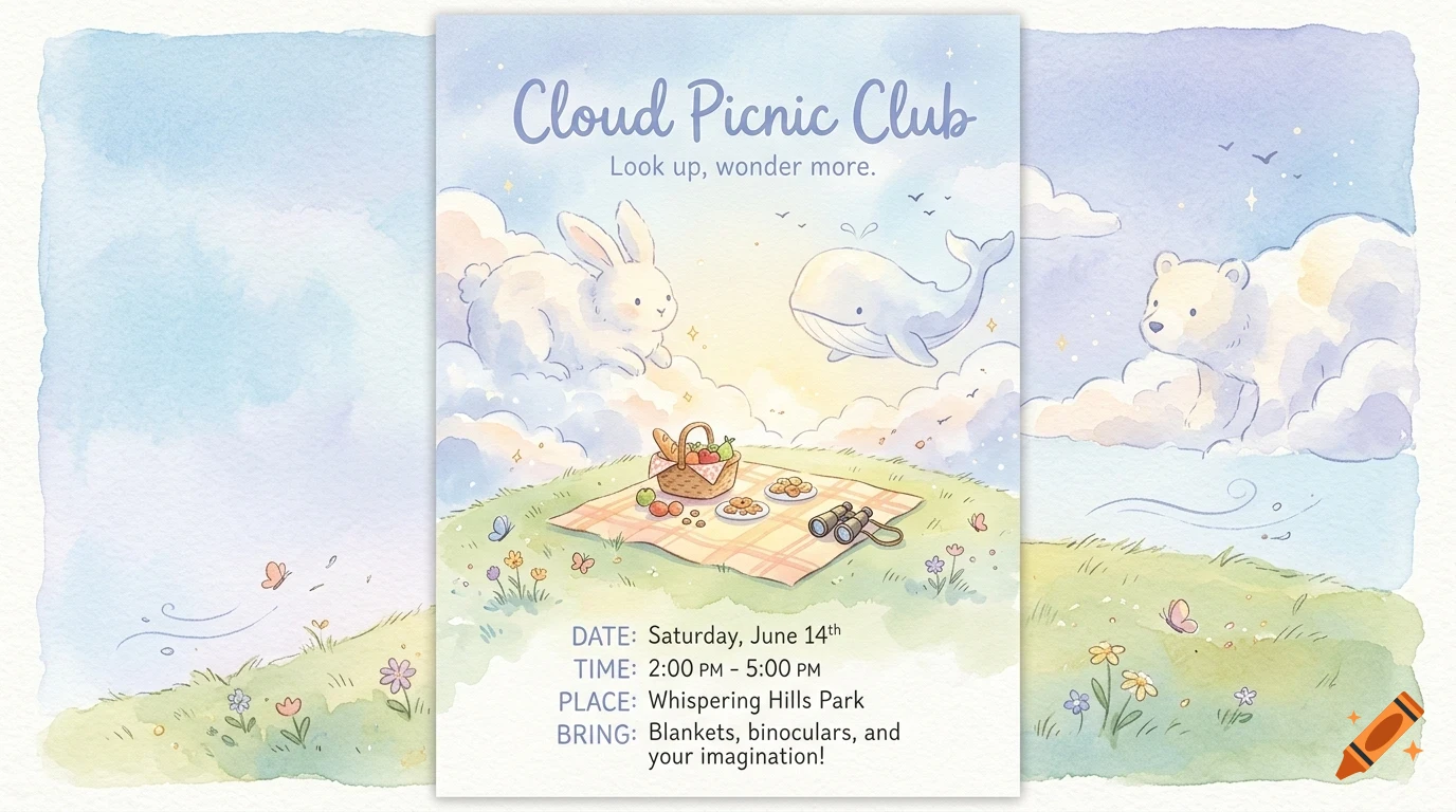 Watercolor illustration of a picnic scene on a grassy hill with clouds shaped like animals, a picnic basket, and text reading Cloud Picnic Club.