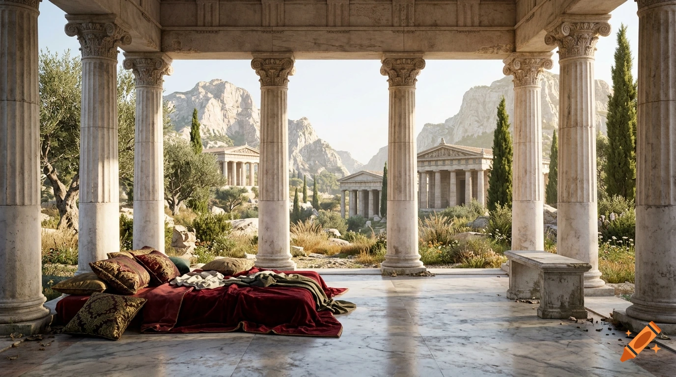 Photorealistic ancient Greco-Roman temple portico with a red velvet bed, looking out over a mountain landscape with classical temples.