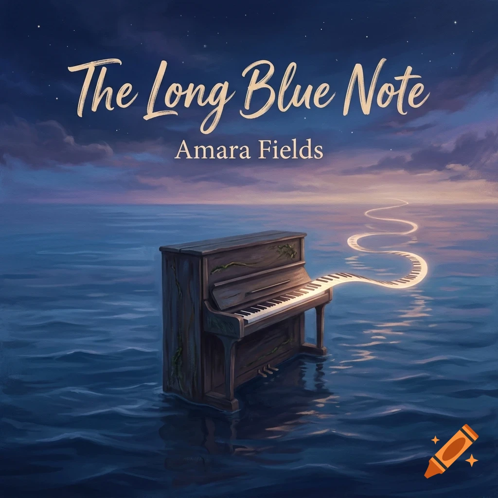 An upright piano stands in the middle of a calm blue ocean under a twilight sky, with a glowing keyboard floating out across the water. Text reads The Long Blue Note and Amara Fields.