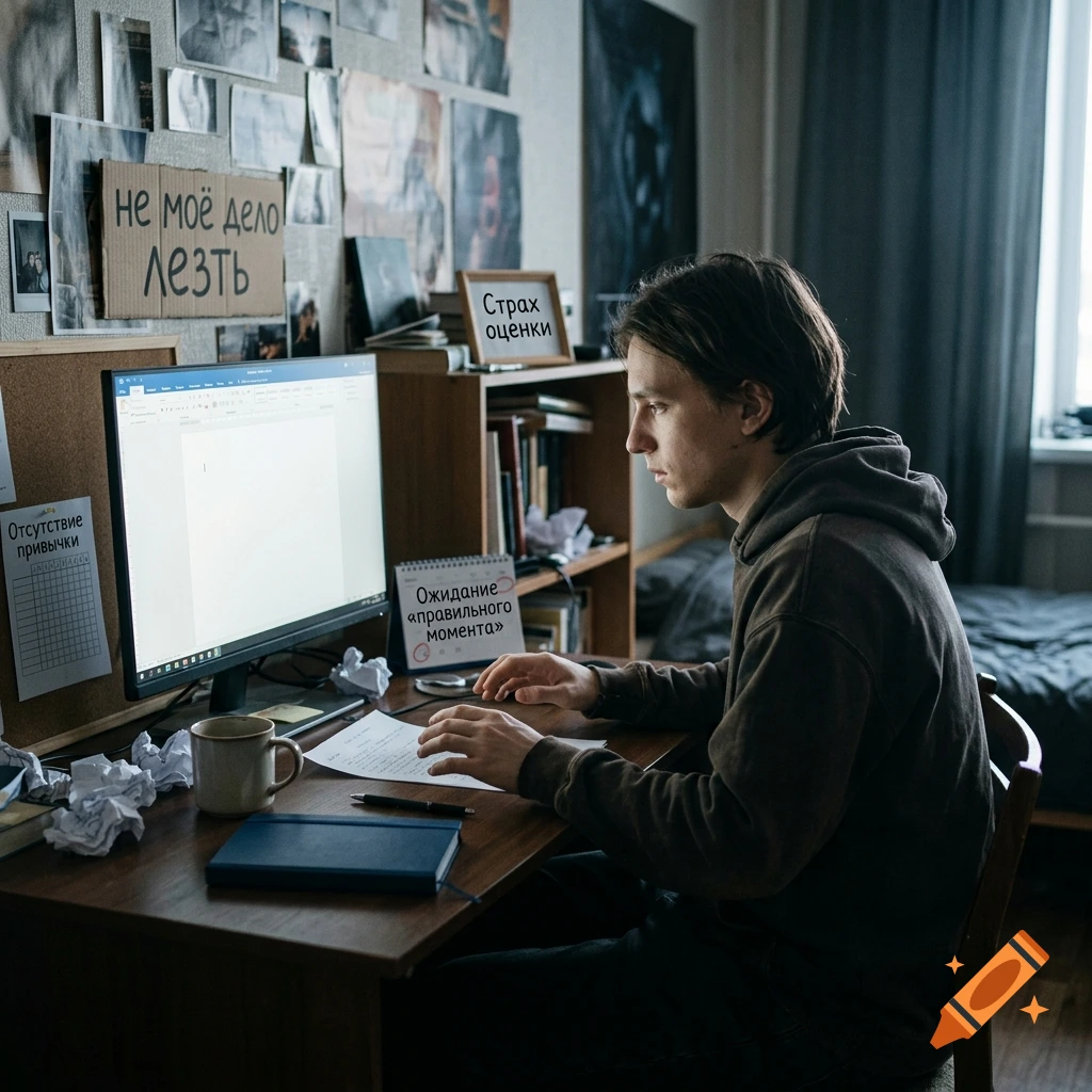 A young man sitting at a desk with a computer, papers, and a mug, working in a room with notes on the wall.