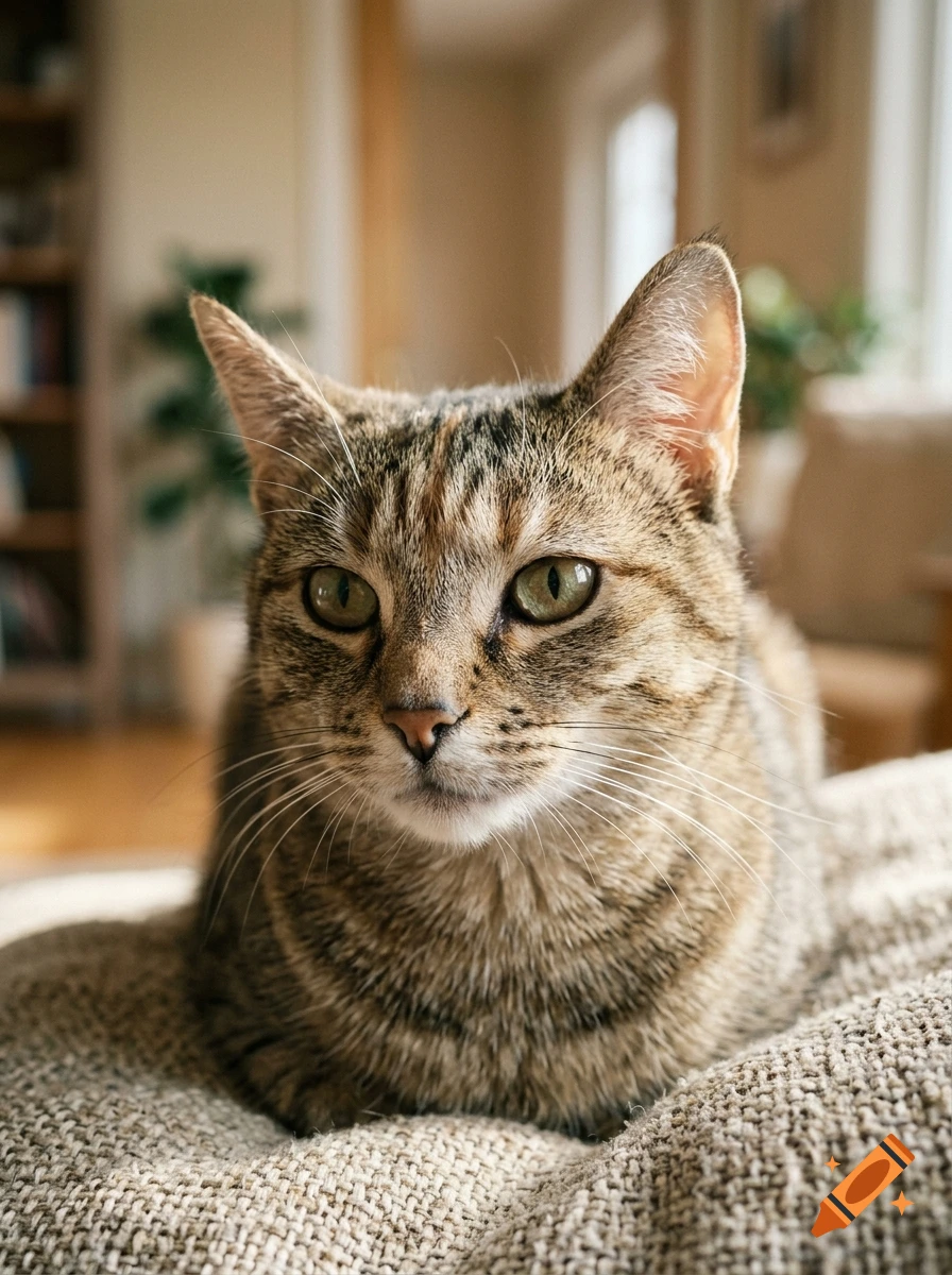 Close-up photorealistic shot of a tabby cat resting on a textured blanket indoors.