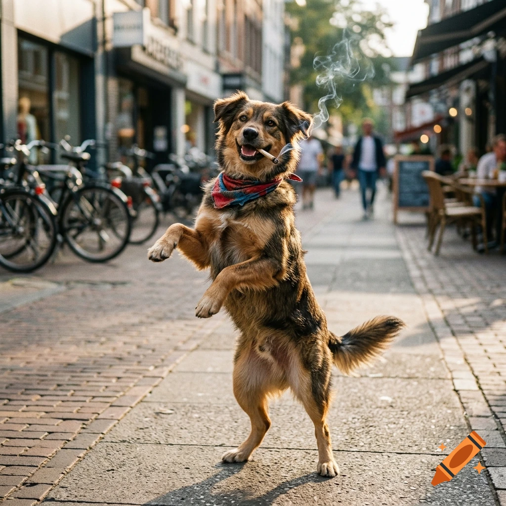 Photorealistic image of a dog standing on its hind legs and smoking a cigarette on a city street.