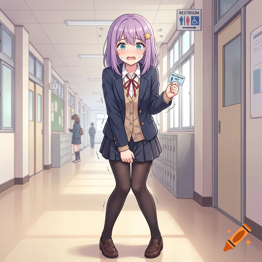 Anime style illustration of a blushing schoolgirl holding a restroom key in a hallway, desperately needing the toilet.