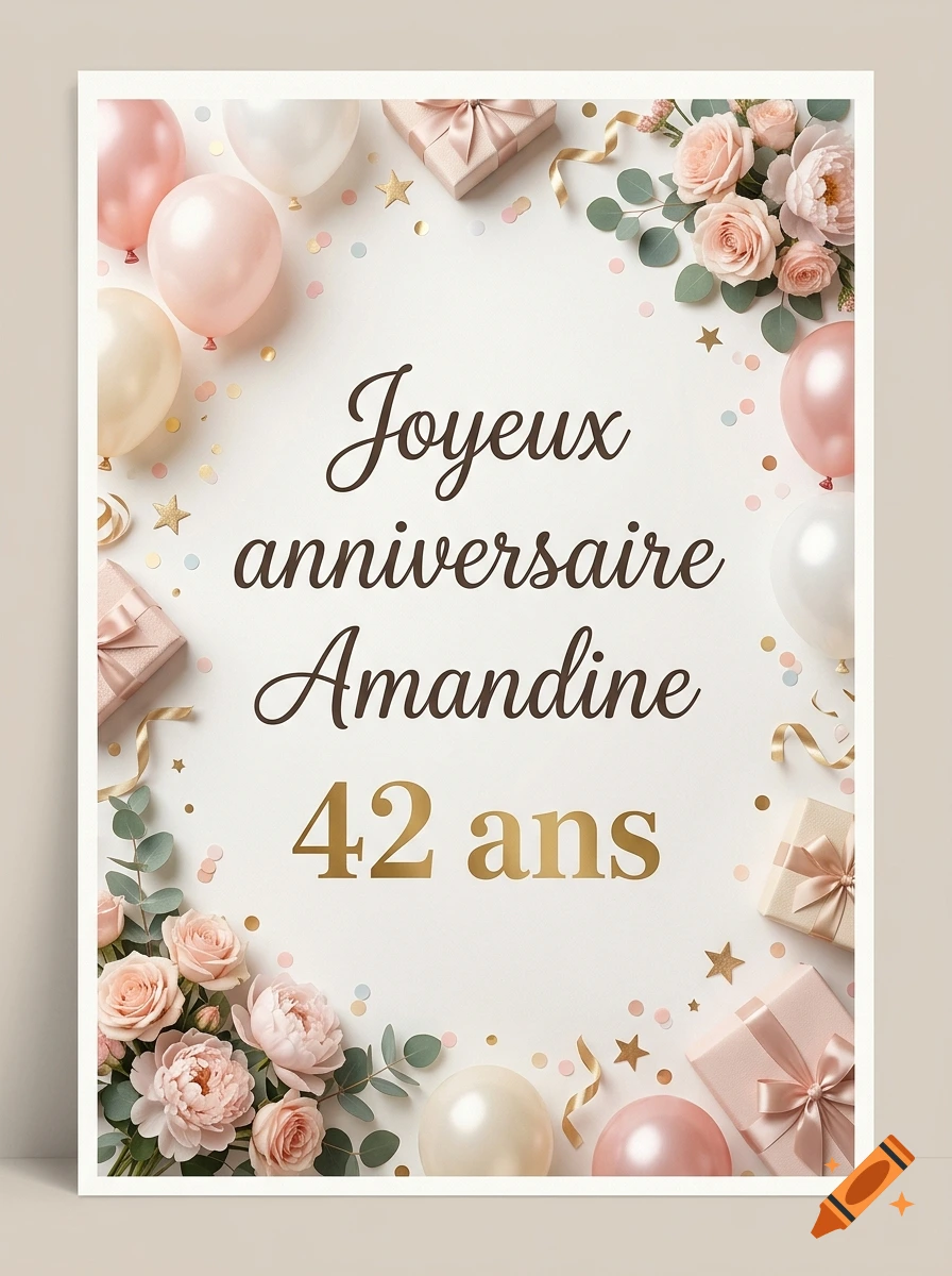 Birthday poster with pink and white balloons, gifts, and roses surrounding French text reading Joyeux anniversaire Amandine 42 ans.