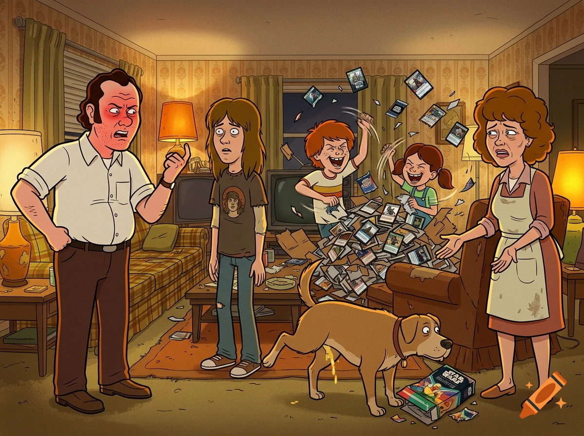 Animated style illustration of the Murphy family in their living room while their dog pees on a Star Wars box.