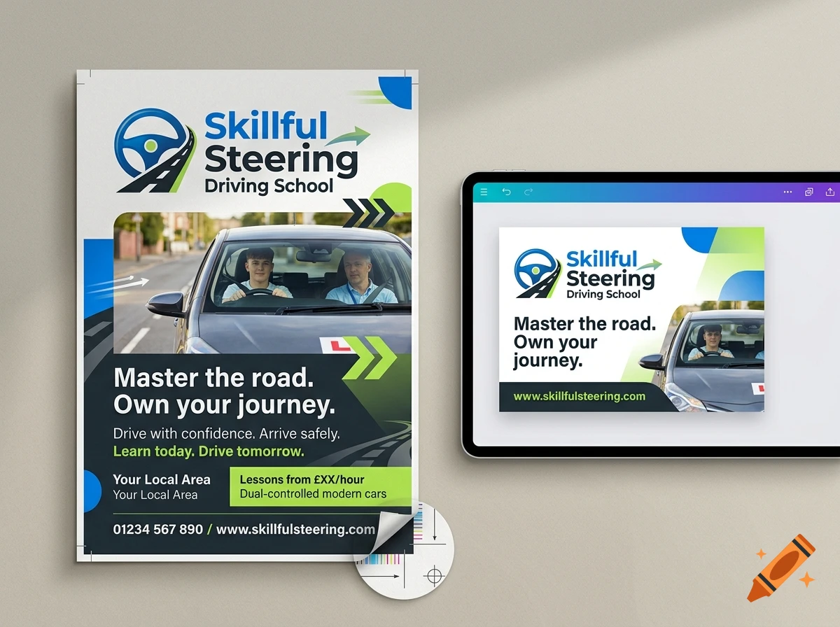 Mockup of an A5 driving school promotional flyer and a tablet displaying the digital graphic on a neutral background.