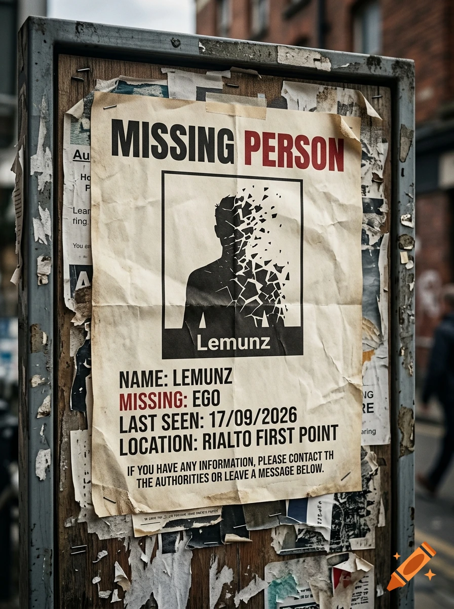 A missing person poster on a bulletin board titled MISSING PERSON for Lemunz, showing a fragmented silhouette and details.