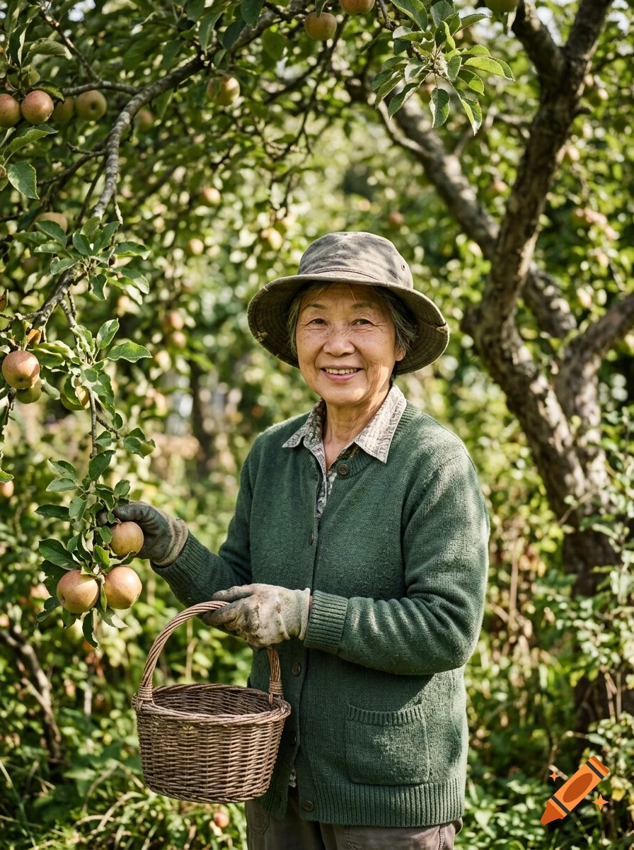 An elderly woman wearing a hat and green cardigan holding a basket in an apple orchard.
