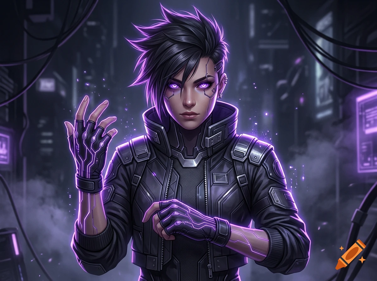 Portrait of a cyberpunk character with spiky dark hair, glowing purple eyes, cybernetic facial implants, and glowing purple fingerless gloves.