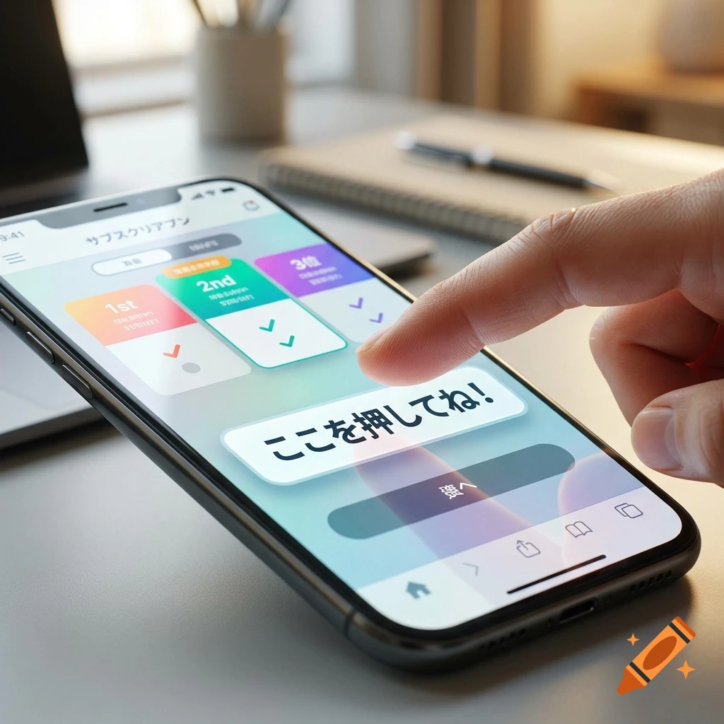 Close-up of a hand tapping a smartphone screen displaying app UI with Japanese text.