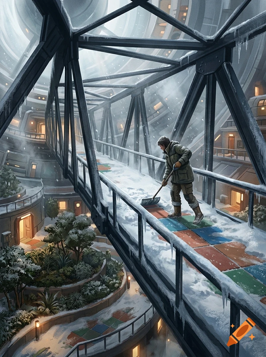A person in a winter coat shovels snow off an elevated metal walkway inside a large futuristic sci-fi structure with plants.